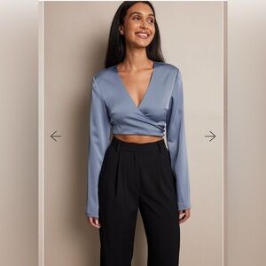 NWOT NA-KD V-neck Wrap Satin Blouse in blue size 42/XL